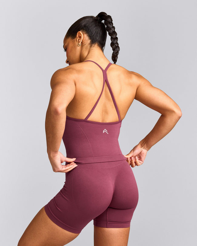 EnhanceLift™ Seamless Strappy Racer Vest with Built in Bra Shelf with Grey Logo | Burnt Maroon