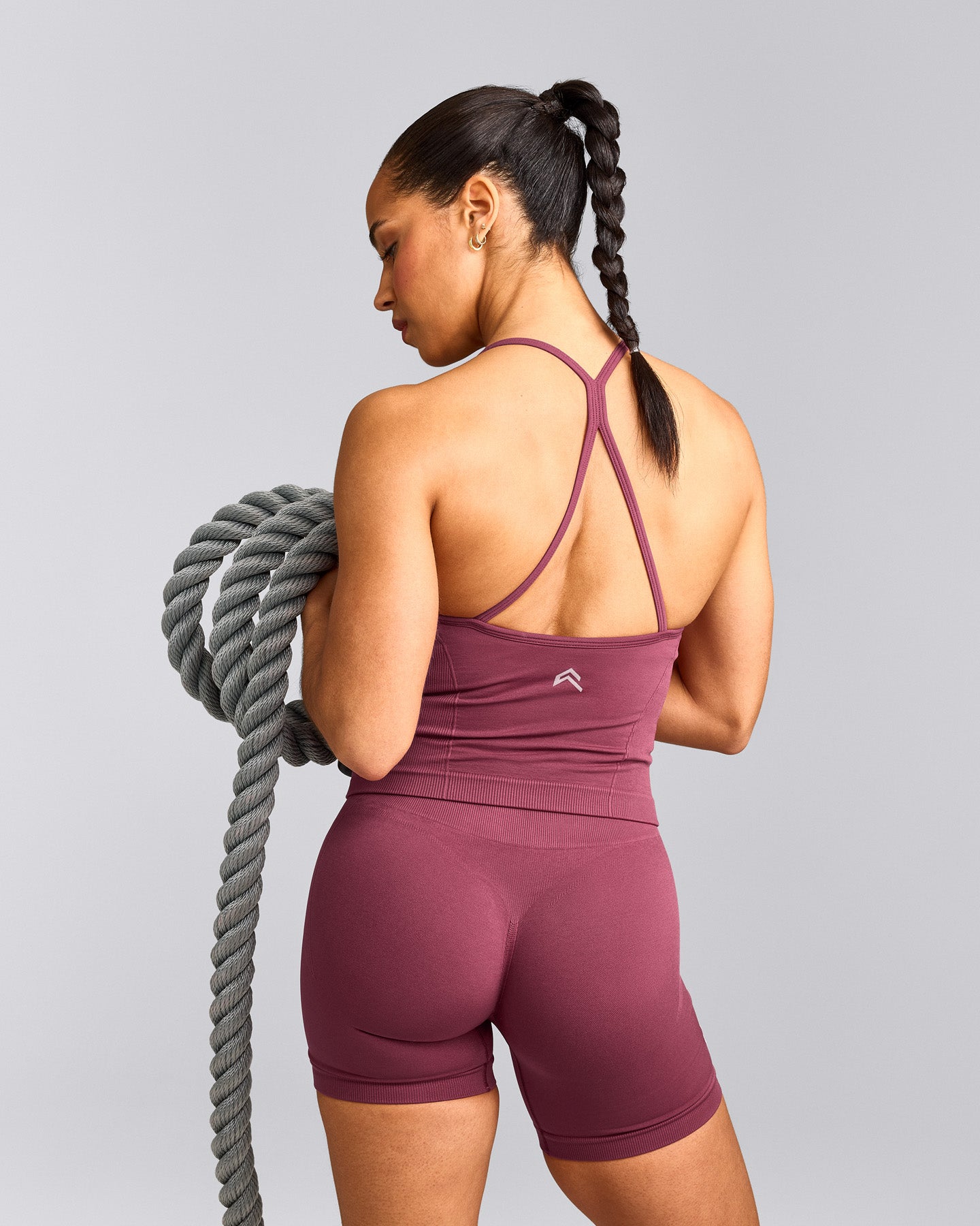EnhanceLift™ Seamless Strappy Racer Vest with Built in Bra Shelf with Grey Logo | Burnt Maroon