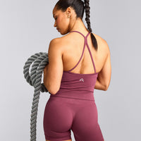 EnhanceLift™ Seamless Strappy Racer Vest with Built in Bra Shelf with Grey Logo | Burnt Maroon
