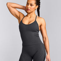 EnhanceLift™ Seamless Strappy Racer Vest with Built in Bra Shelf with Grey Logo | Coal