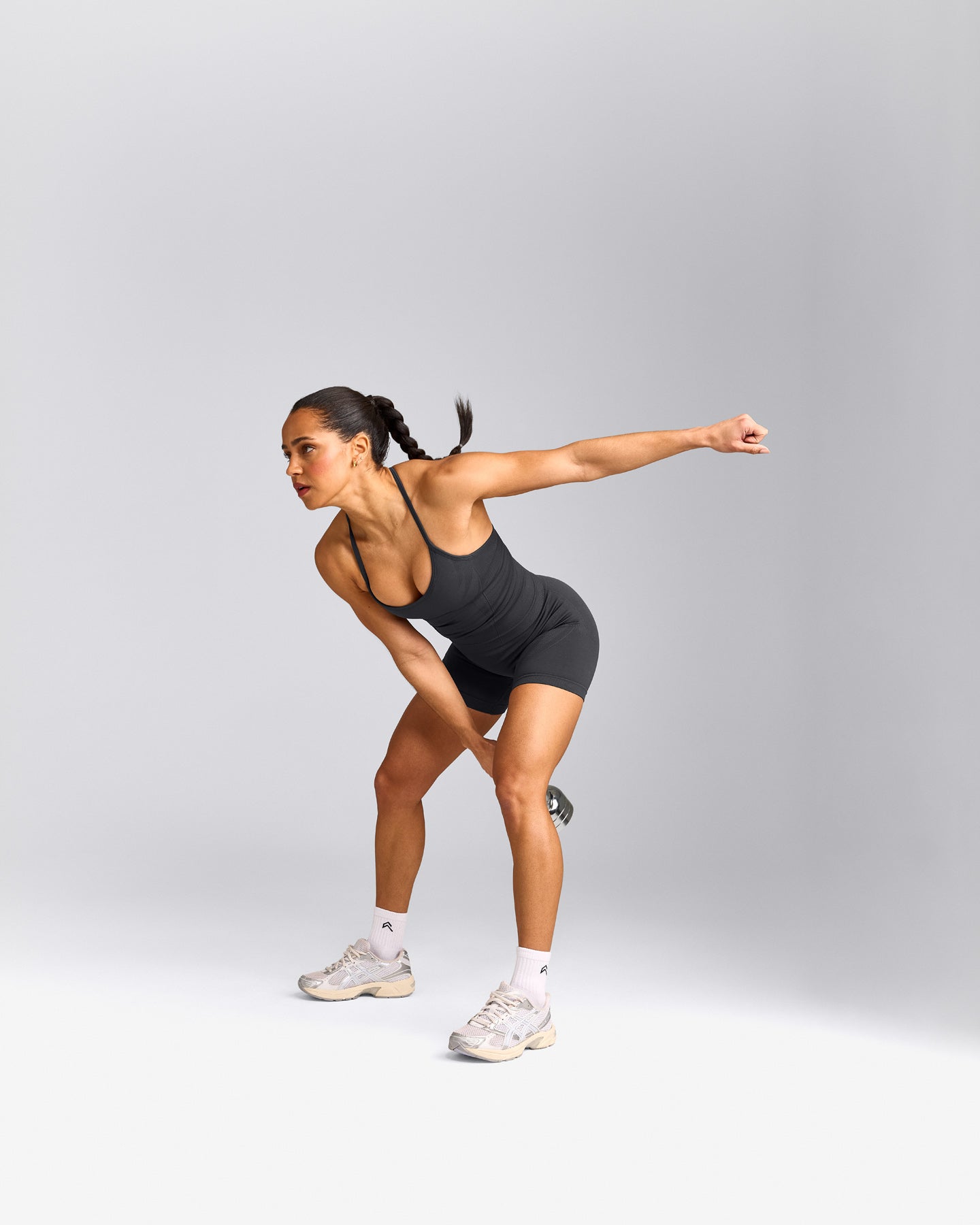 EnhanceLift™ Seamless Strappy Racer Vest with Built in Bra Shelf with Grey Logo | Coal