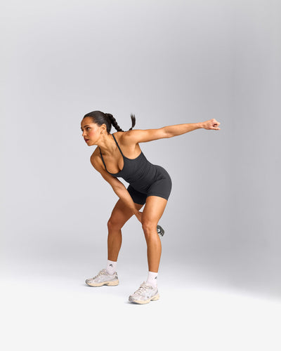 EnhanceLift™ Seamless Strappy Racer Vest with Built in Bra Shelf with Grey Logo | Coal