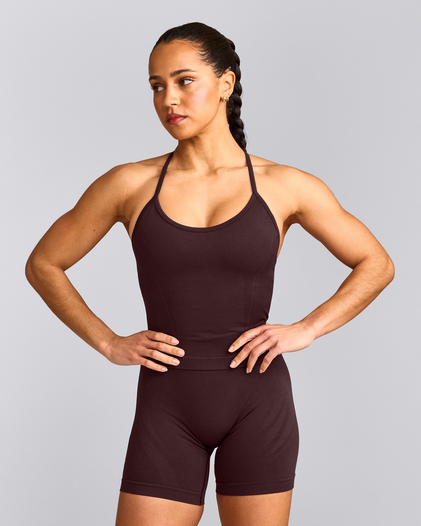 EnhanceLift™ Seamless Strappy Racer Vest with Built in Bra Shelf with Grey Logo | Plum Brown