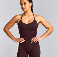 EnhanceLift™ Seamless Strappy Racer Vest with Built in Bra Shelf with Grey Logo | Plum Brown