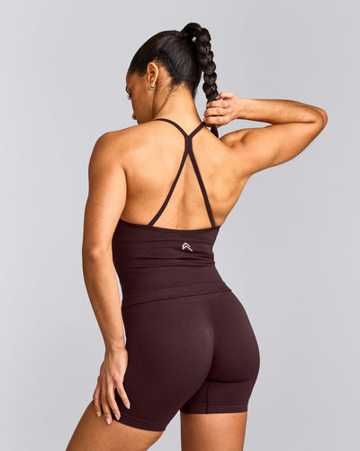 EnhanceLift™ Seamless Strappy Racer Vest with Built in Bra Shelf with Grey Logo | Plum Brown