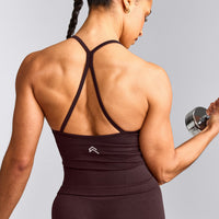 EnhanceLift™ Seamless Strappy Racer Vest with Built in Bra Shelf with Grey Logo | Plum Brown