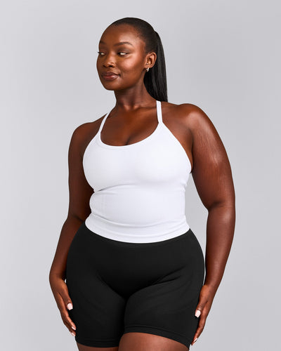 EnhanceLift™ Seamless Strappy Racer Vest with Built in Bra Shelf with Grey Logo | White