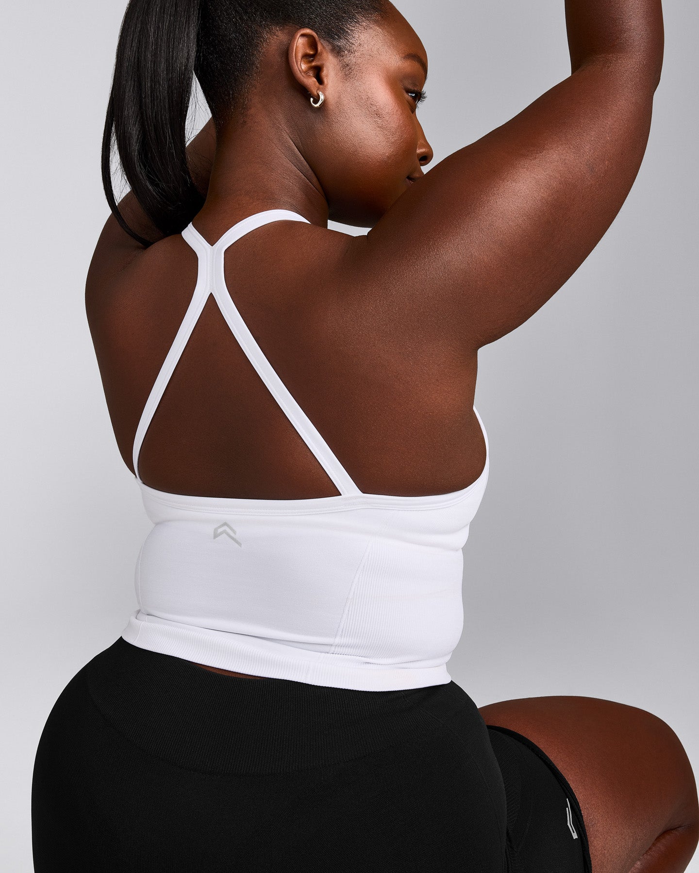 EnhanceLift™ Seamless Strappy Racer Vest with Built in Bra Shelf with Grey Logo | White
