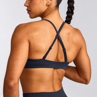 EnhanceLift™ Seamless Strappy Sports Bra with Grey Logo | True Blue