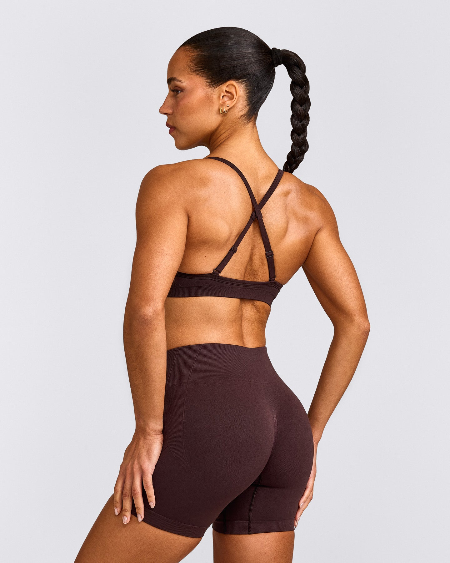EnhanceLift™ Seamless Strappy Sports Bra with Grey Logo | Plum Brown