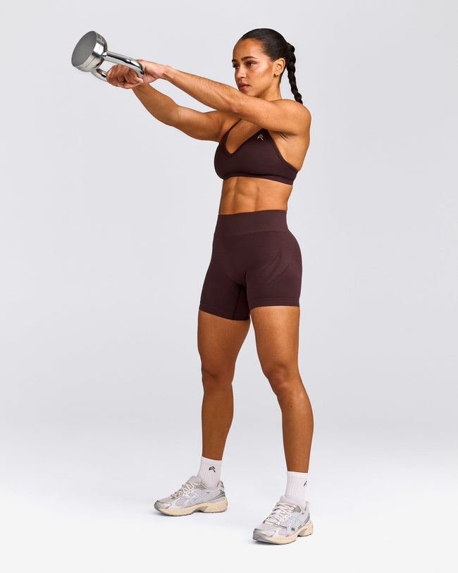 EnhanceLift™ Seamless Strappy Sports Bra with Grey Logo | Plum Brown