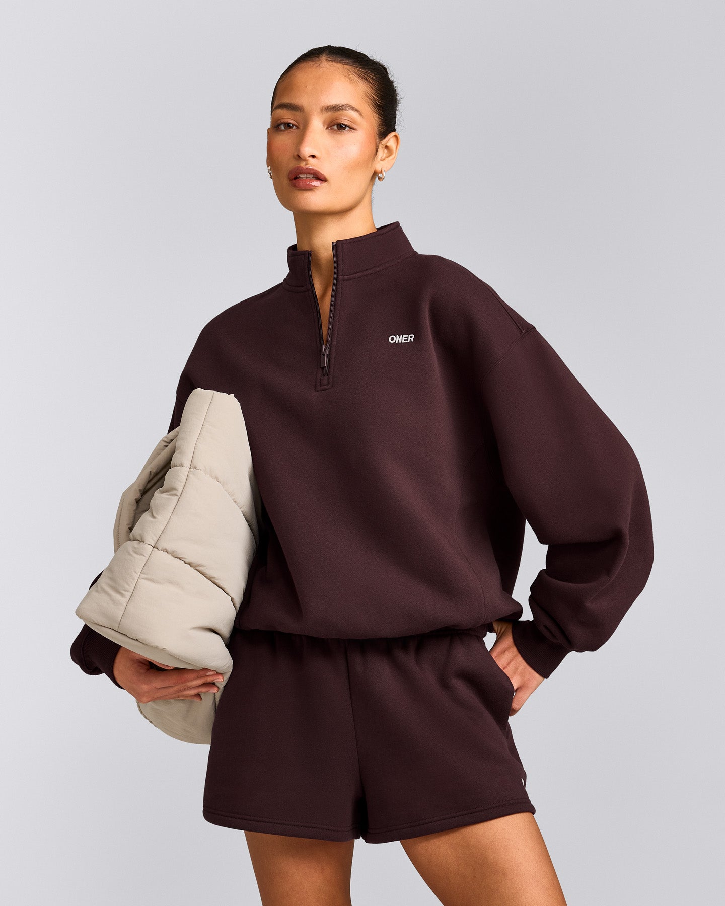 Foundations Cosy 1/4 Zip Sweatshirt | Plum Brown