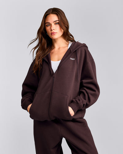 Foundations Cosy Oversized Zip Through Hoodie | Plum Brown