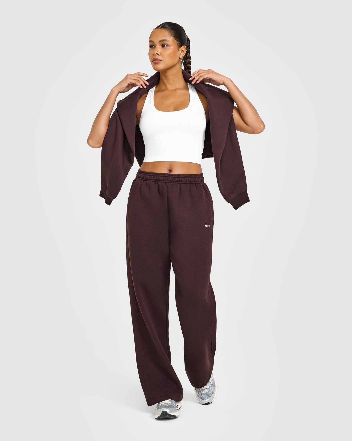 Foundations Straight Leg Joggers with Grey Logo | Plum Brown