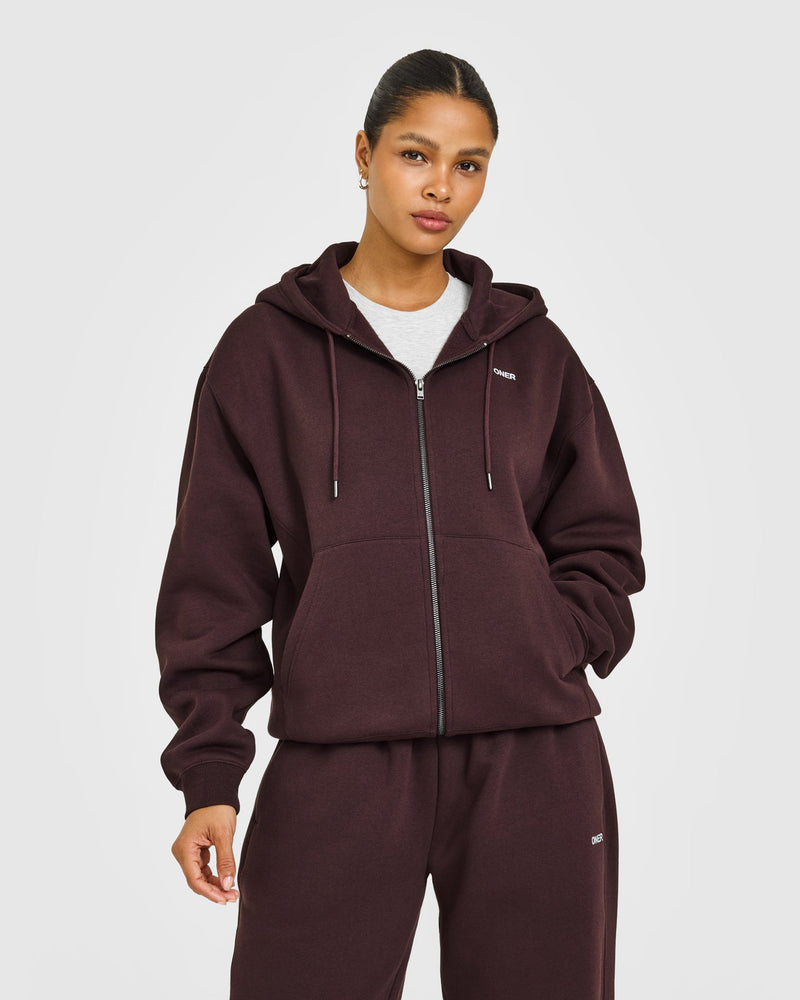 Foundations Zip Through Hoodie with Grey Logo Plum Brown | Oner