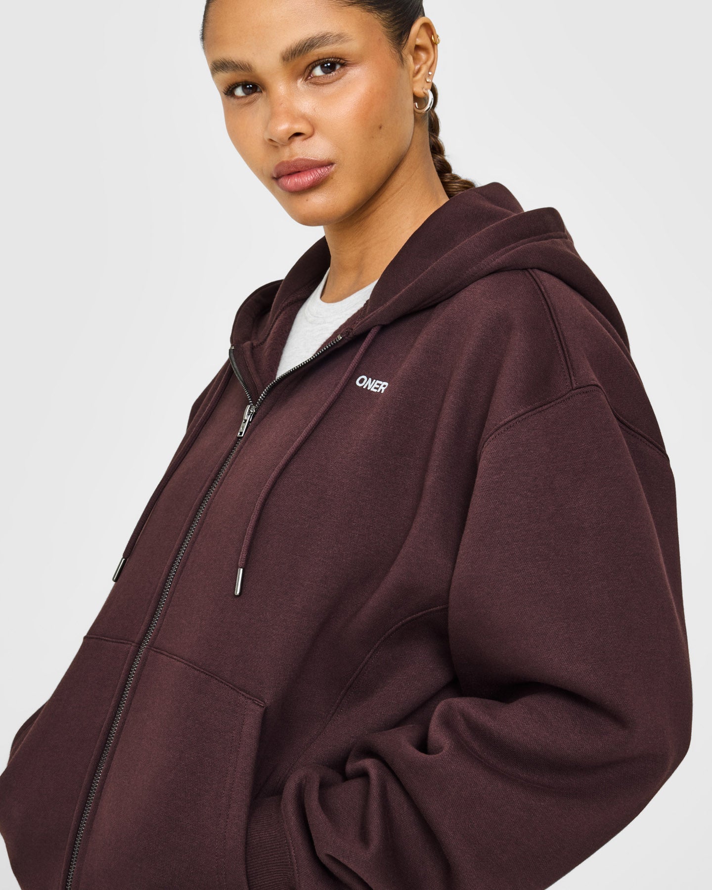 Foundations Zip Through Hoodie with Grey Logo | Plum Brown