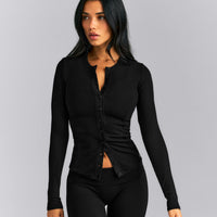 Mellow™ Rib Long Sleeve Cardigan with Embroidered Logo | Black