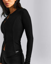 Mellow™ Rib Long Sleeve Cardigan with Embroidered Logo | Black
