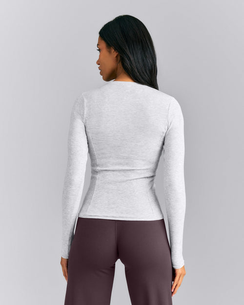 Mellow™ Rib Long Sleeve Cardigan with Embroidered Logo | Light Gray Marl