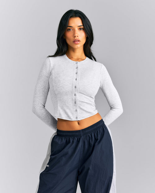 Mellow™ Rib Mid Long Sleeve Cardigan with Embroidered Logo | Light Gray Marl