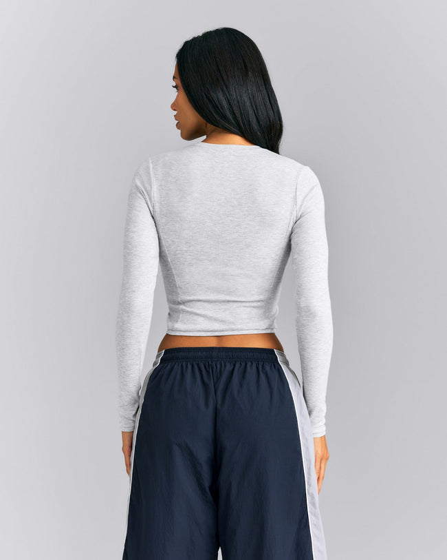 Mellow™ Rib Mid Long Sleeve Cardigan with Embroidered Logo | Light Grey Marl