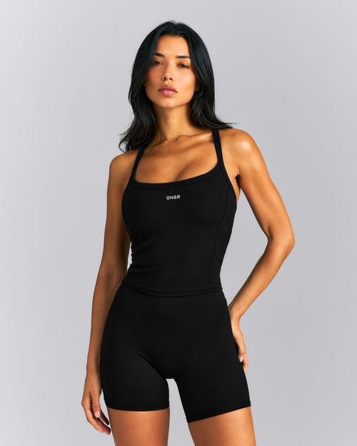 Mellow™ Rib Racer Back Mid Tank Top with Built in Bra Shelf | Black