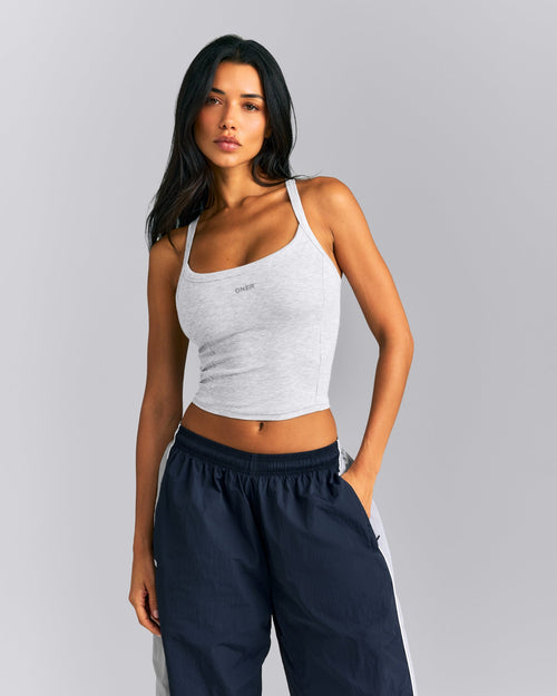 Mellow™ Rib Racer Back Mid Tank Top with Built in Bra Shelf | Light Gray Marl