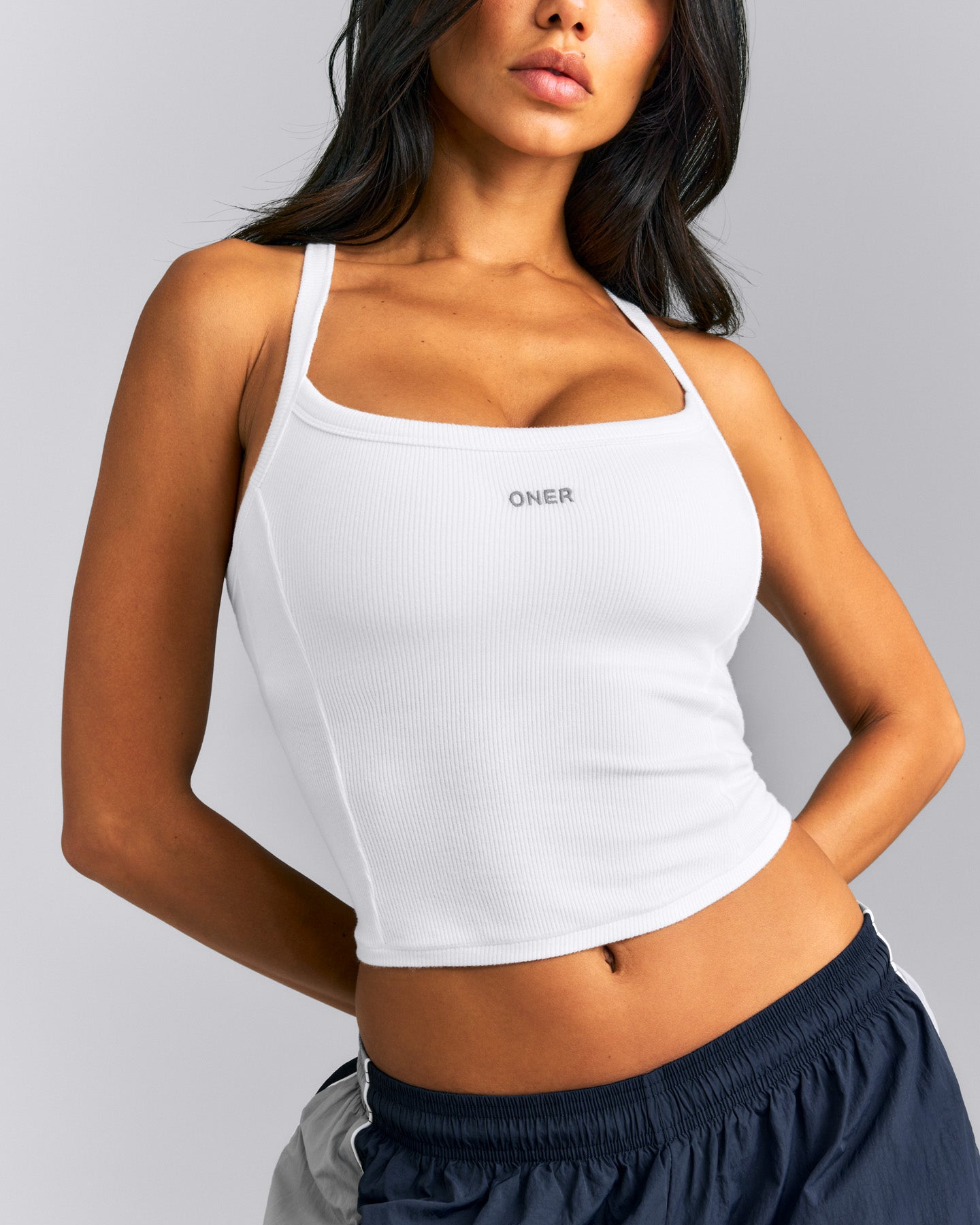 Mellow™ Rib Racer Back Mid Tank Top with Built in Bra Shelf | White