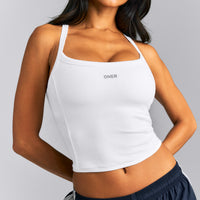 Mellow™ Rib Racer Back Mid Tank Top with Built in Bra Shelf | White