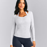 Mellow™ Rib V Neck Long Sleeve Top | Light Grey Marl