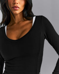 Mellow™ Rib V Neck Mid Long Sleeve Top | Black