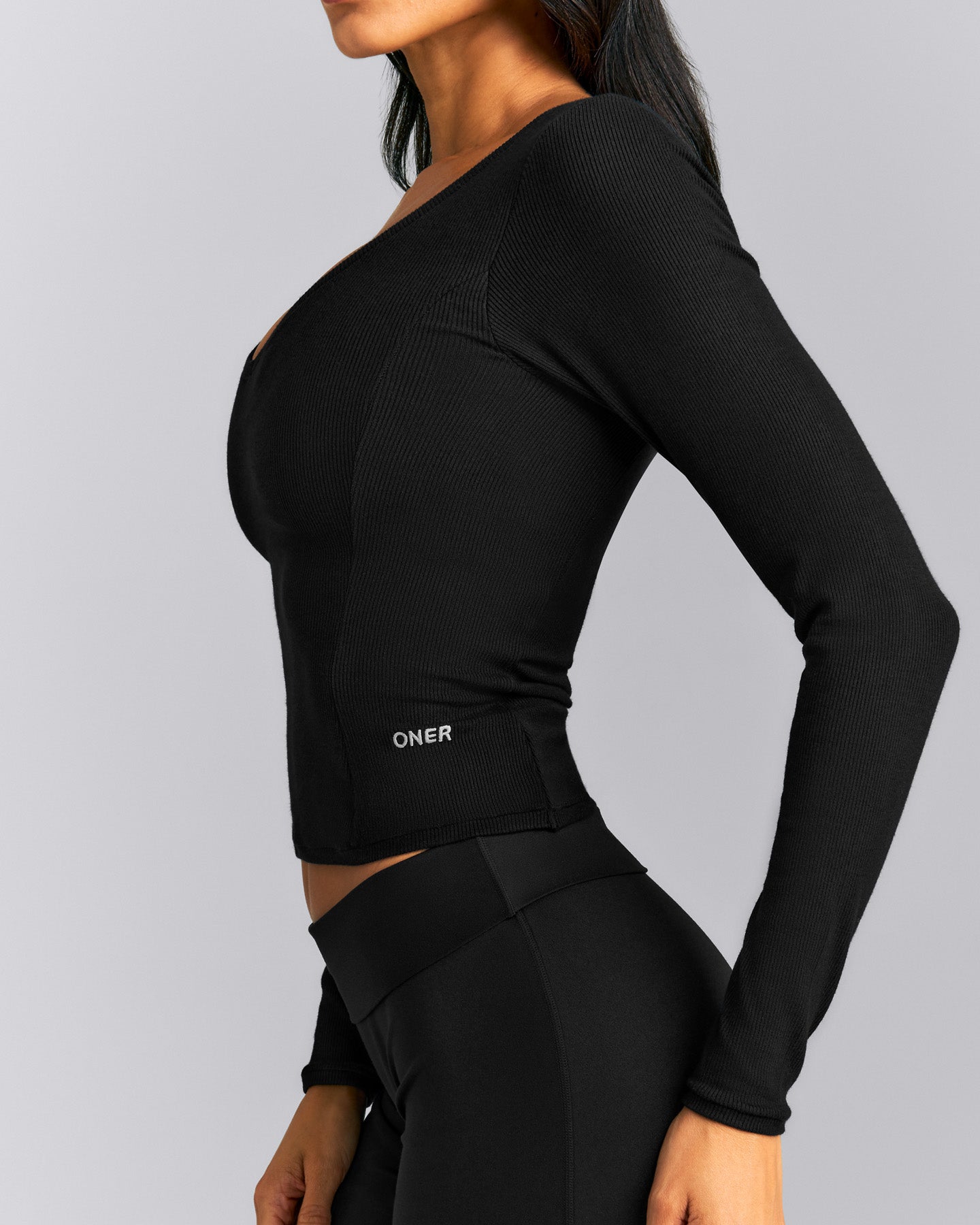 Mellow™ Rib V Neck Mid Long Sleeve Top | Black
