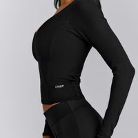 Mellow™ Rib V Neck Mid Long Sleeve Top | Black
