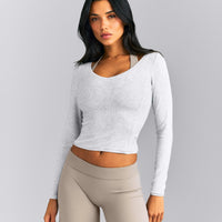 Mellow™ Rib V Neck Mid Long Sleeve Top | Light Grey Marl