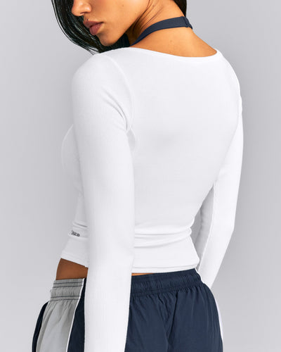Mellow™ Rib V Neck Mid Long Sleeve Top | White