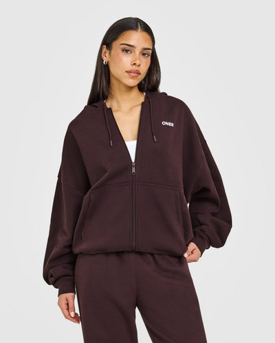Mid Weight Relaxed Zip Through Hoodie | Plum Brown