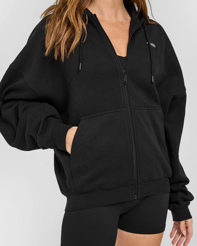 Mid Weight Relaxed Zip Through Hoodie | Soft Black