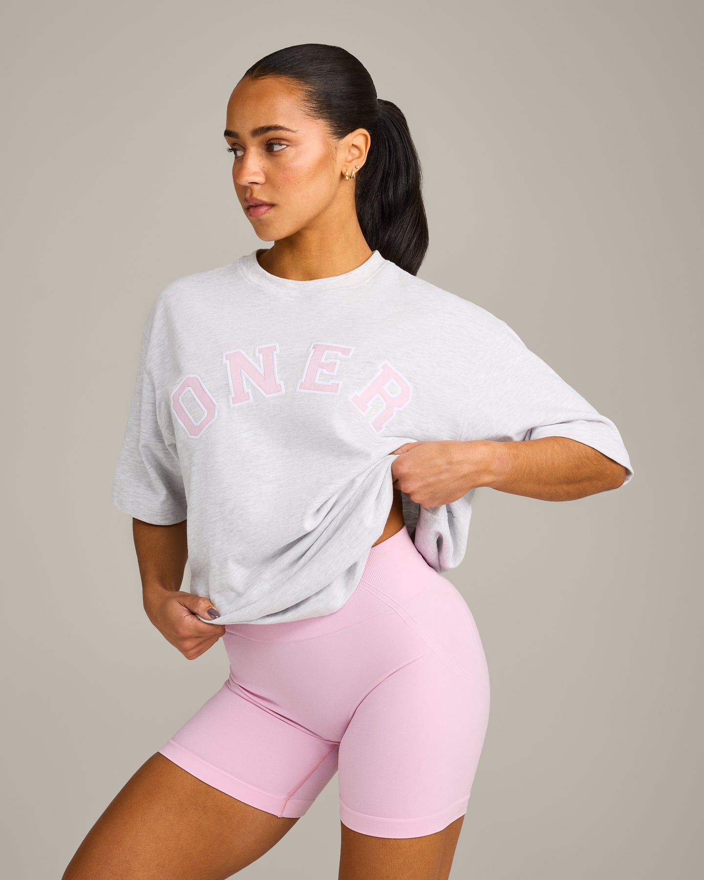 Oversized Oner Girlfriend Washed T-Shirt | Light Grey Marl/Chalk Pink