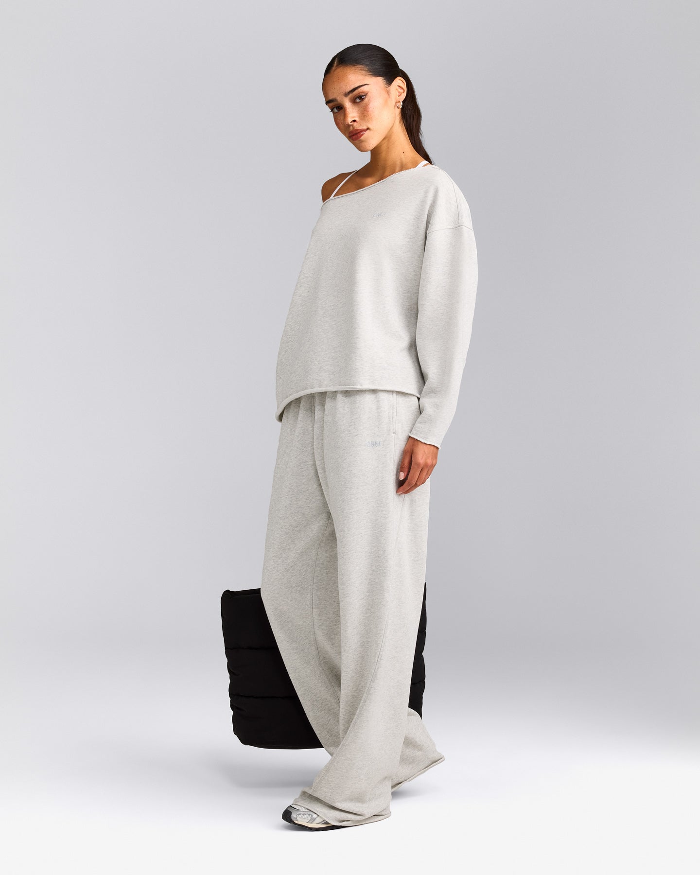 Cotton Vintage Lounge Off-The-Shoulder Sweatshirt | Light Grey Marl