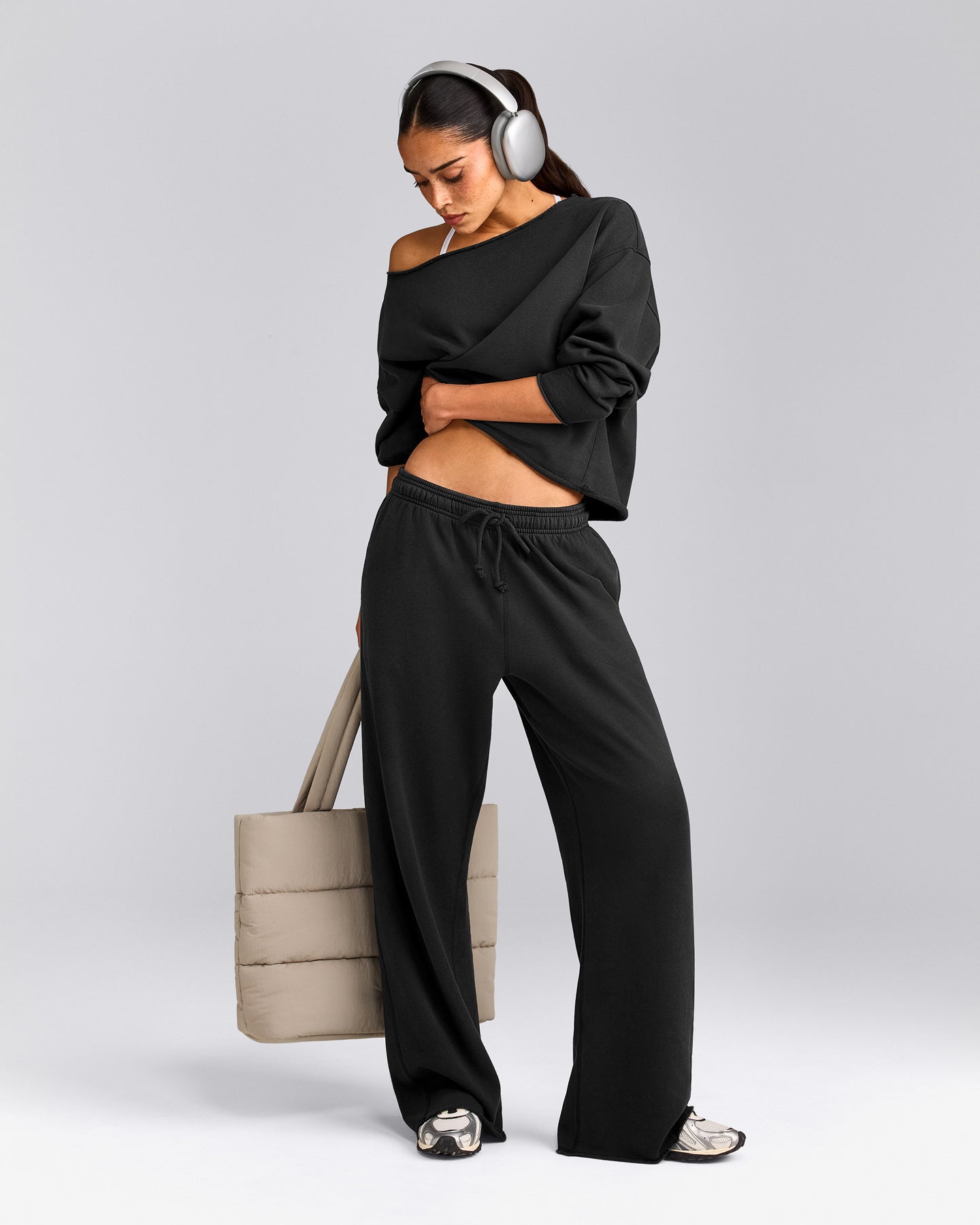 Cotton Vintage Lounge Wide Leg Joggers | Washed Black