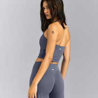 SoftMotion™ Strappy Halter Neck Mid Tank Top with Built in Bra Shelf | Granite Blue
