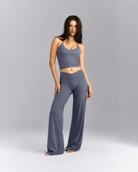 SoftMotion™ Strappy Halter Neck Mid Tank Top with Built in Bra Shelf | Granite Blue