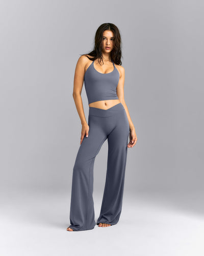 SoftMotion™ Strappy Halter Neck Mid Tank Top with Built in Bra Shelf | Granite Blue