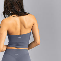 SoftMotion™ Strappy Halter Neck Mid Tank Top with Built in Bra Shelf | Granite Blue