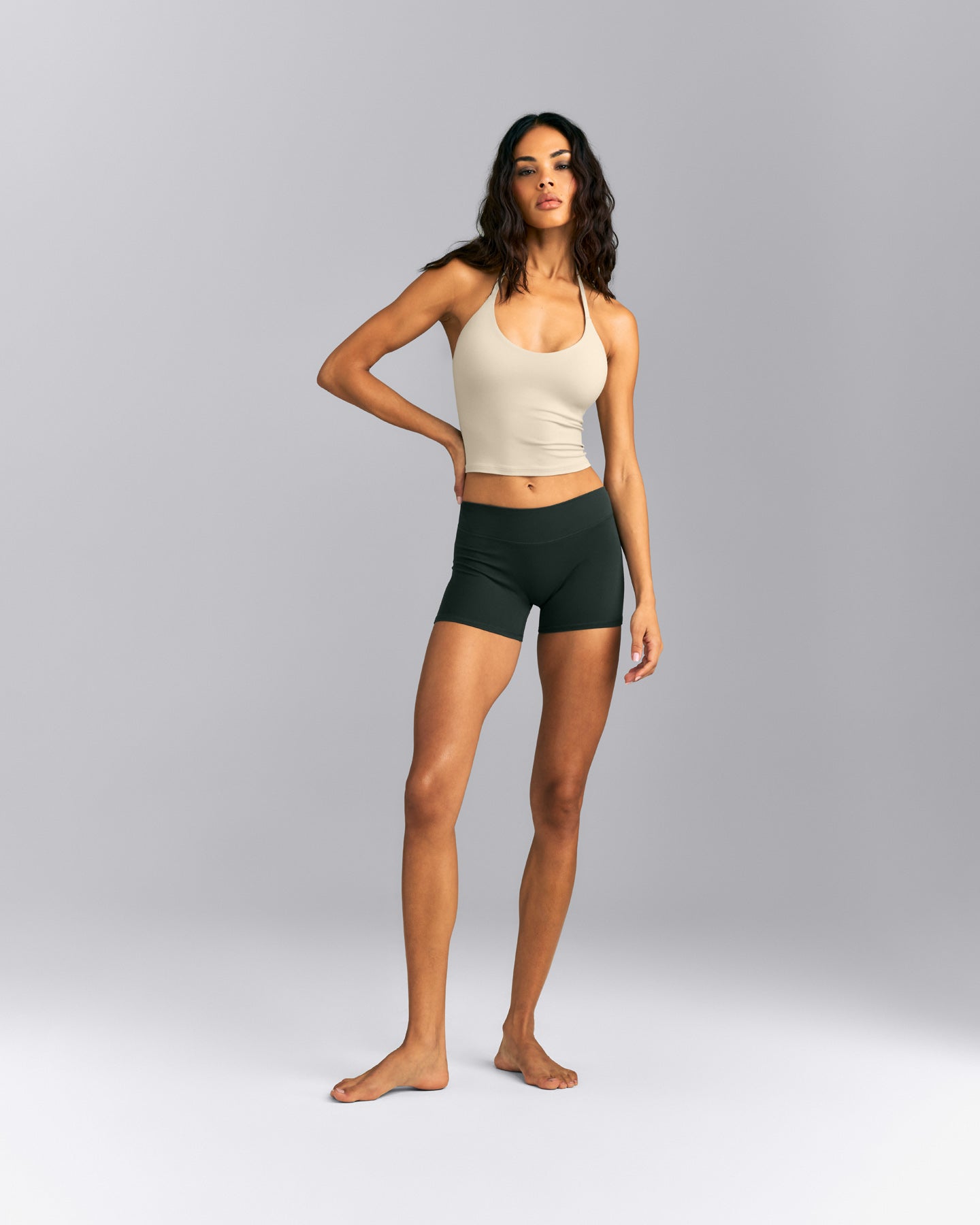 SoftMotion™ Strappy Halter Neck Mid Tank Top with Built in Bra Shelf | Oatmeal