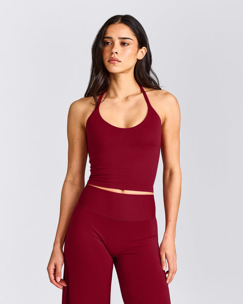 SoftMotion™ Strappy Halter Neck Mid Tank Top with Built in Bra Shelf with Gray Logo | Ruby Red