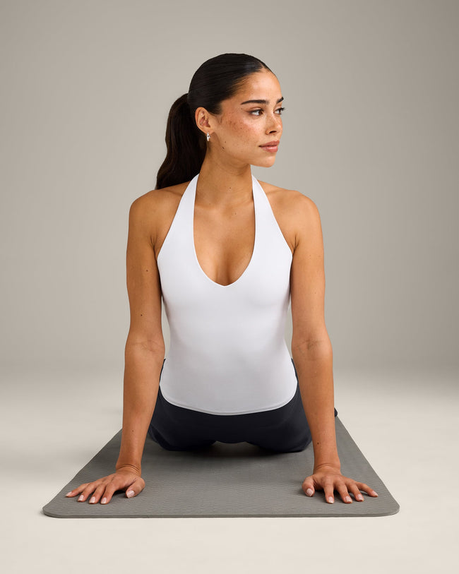 SoftMotion™ Halter Neck Vest with Built in Bra Shelf with Grey Logo | White