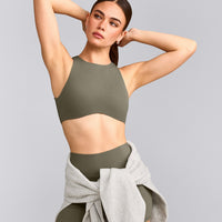SoftMotion™ High Neck Sports Bra with Grey Logo | Alpine Green
