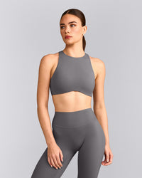 SoftMotion™ High Neck Sports Bra with Gray Logo | Ash Gray