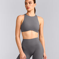 SoftMotion™ High Neck Sports Bra with Gray Logo | Ash Gray